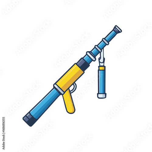 Cartoon illustration of a blue and yellow toy water gun or space blaster