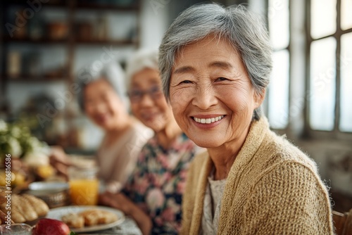Senior women sharing a joyful breakfast together in a cozy, sunlit kitchen filled with laughter and conversation