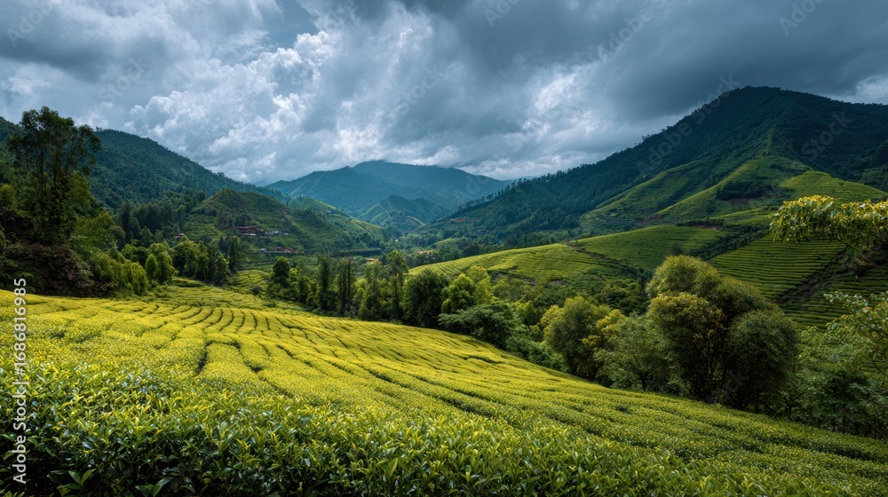 Obraz premium Lush green hills under a dramatic sky, showcasing the beauty of nature and the serenity of rural landscapes.