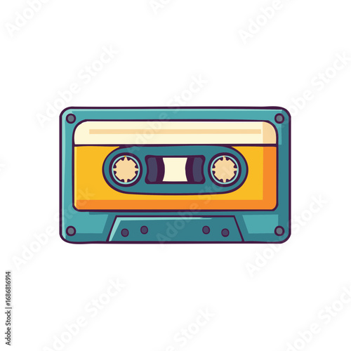 Retro cassette tape illustration with blue, yellow and cream colors