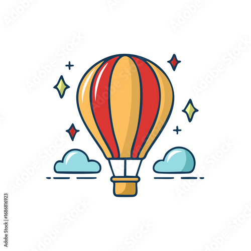 Colorful hot air balloon floating in the sky with clouds and stars