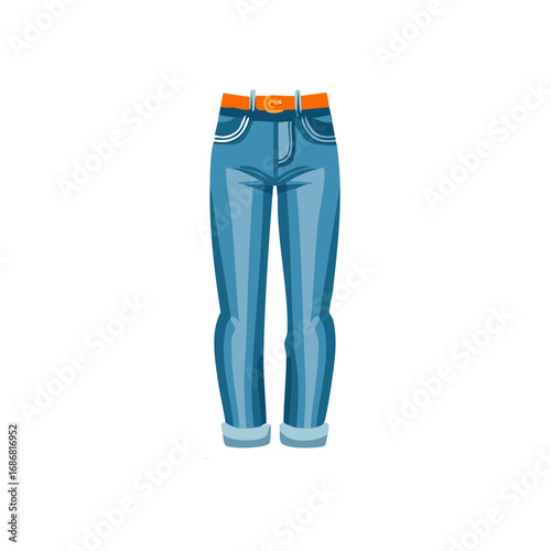 Stylish blue denim jeans with an orange belt and cuffed hems illustration