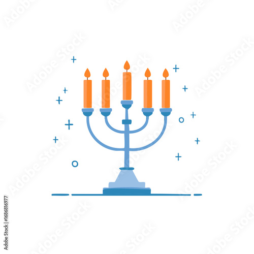 Menorah illustration with five lighted candles against a white background, celebration concept