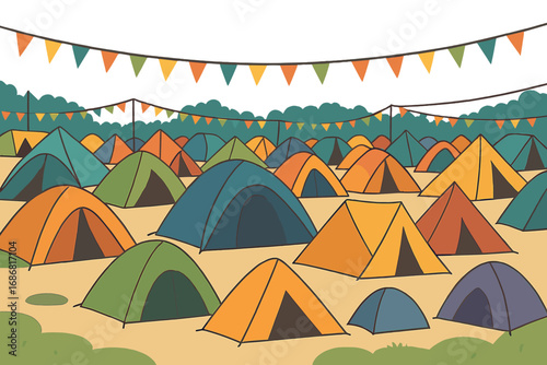 A vibrant array of tents creates a “tent city” scene captured at an outdoor festival