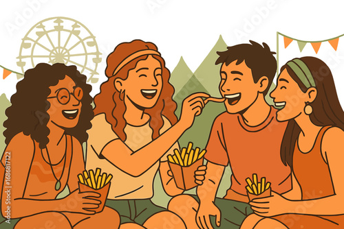 A group of friends at an outdoor festival, munching fries and laughing, captured candidly in a moment of joyful camaraderie and summer fun, reflecting youth culture, bohemian vibes, and shared