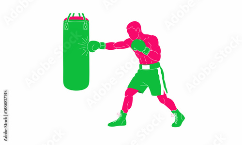 Dynamic pink boxer silhouette striking a green punching bag in a stylized graphic illustration.