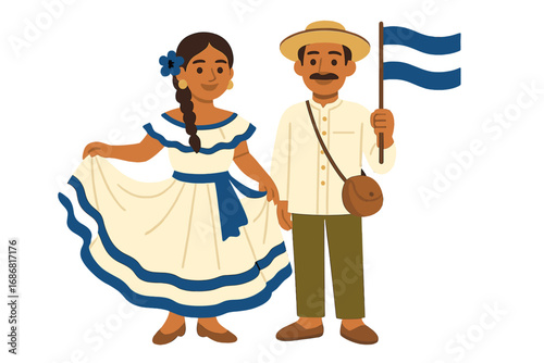 Pareja centroamericana que lleva trajes típicos tradicionales en un festival de folklore, celebrando las fiestas patrias y la independencia