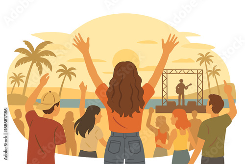 A girl seen from behind with arms raised, reveling in live music at a sunset beach festival; her friends dance and celebrate amid the crowd, creating a summer vibe at the coastal event, while teens