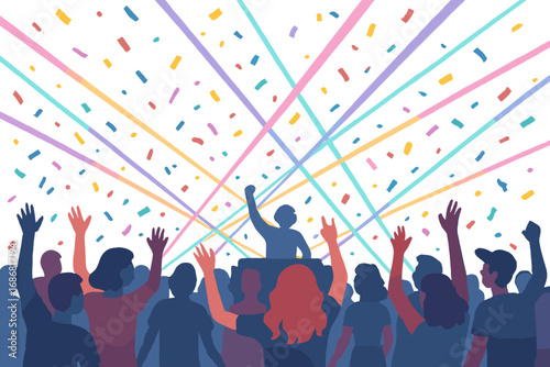 Party backdrop featuring a crowd enjoying a DJ concert with confetti lighting and lasers