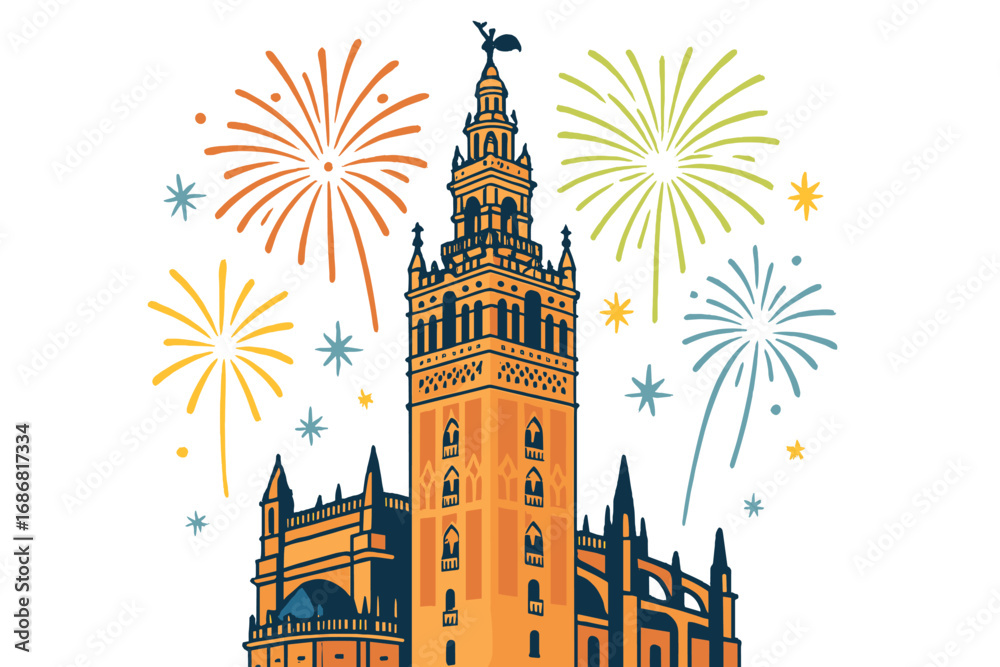 Fototapeta premium La Giralda de la Catedral de Sevilla iluminada con fuegos artificiales marca el final de la Feria de Abril