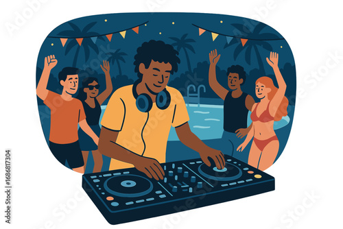 At an outdoor summer pool party, a DJ mixes music using a deejay controller, embodying nightlife and lifestyle culture