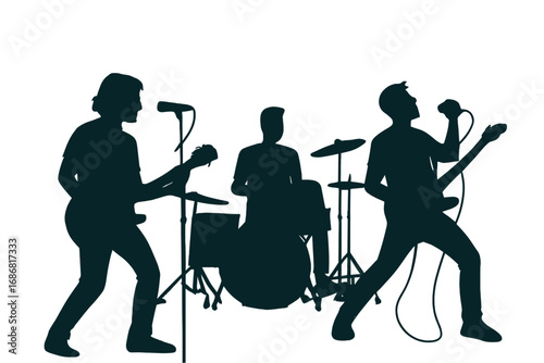Silhouetted musicians at a rock concert bathed in blurred background light