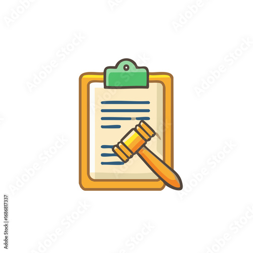 Legal document on clipboard with wooden gavel representing law and justice