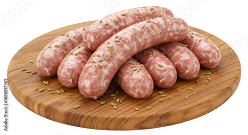 Raw pork sausages on wooden board, sprinkled with fennel seeds, transparent background