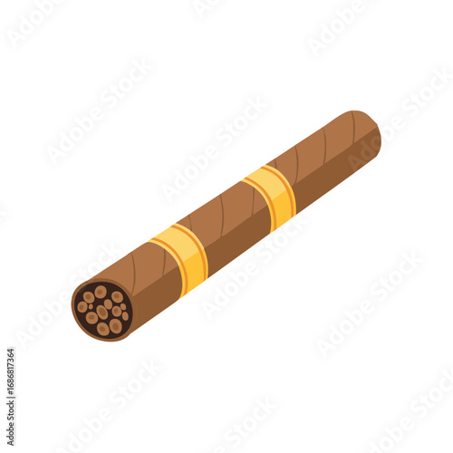 Brown cigar with gold bands illustration showing tobacco leaves inside