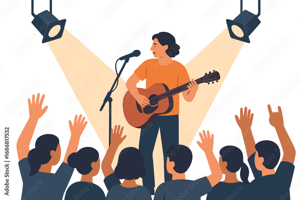 Diseño musical: concierto y música en directo con guitarrista en el escenario ante el público, ofreciendo entretenimiento y ocio