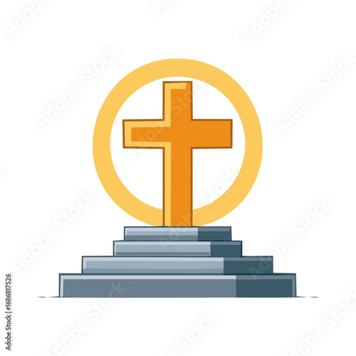 Stylized Cross on Steps with Circle Halo Symbolizes Faith and Ascension