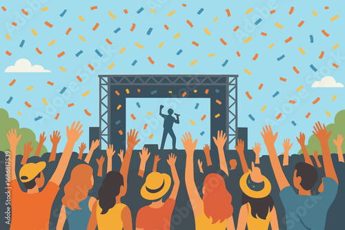A large crowd raises their hands in celebration beneath falling confetti at an outdoor music festival, creating a joyful atmosphere with live concert energy during a bright summer day