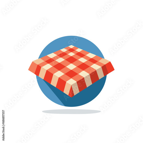 A vibrant isometric red gingham tablecloth in a blue circle illustration, evoking a retro picnic or bistro scene