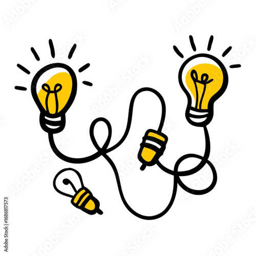 Minimilist illustration of two lit lightbulbs connected by a cord with a plug and a third lightbulb unlit vector