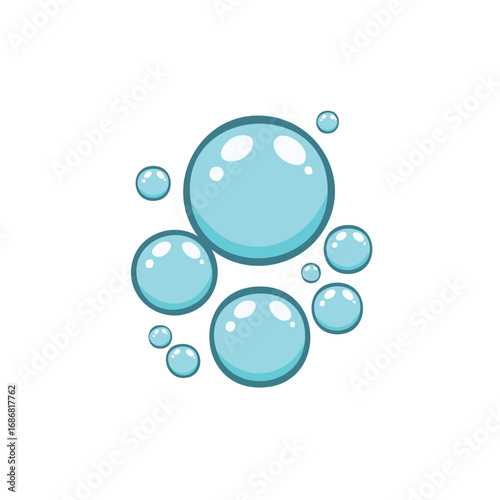Cartoon illustration of blue soap bubbles with reflections, group of spheres
