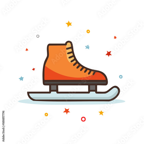 Orange figure skate with colorful stars and circles celebrating winter fun