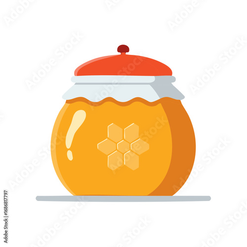 Vibrant Illustration of Golden Honey in a Round Jar with Honeycomb Design and Orange Lid