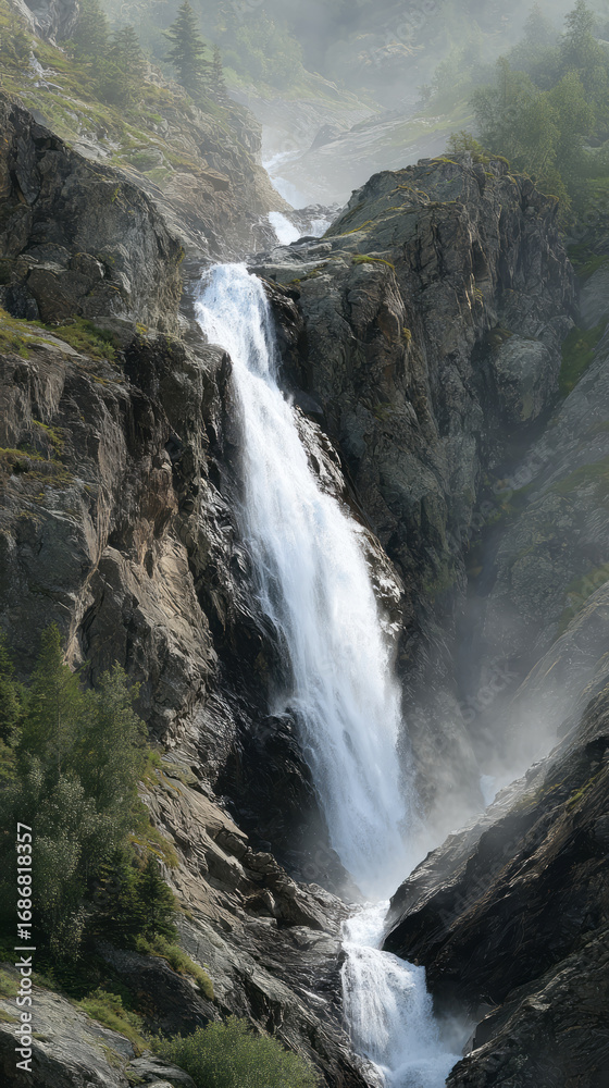 Fototapeta premium Majestic powerful waterfall cascades down rocky mountain cliff. serene flowing water creates misty outdoor scene