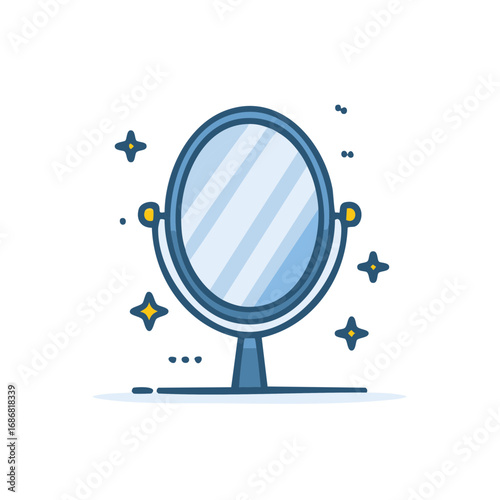 Shiny oval standing mirror with sparkling clean reflections, representing beauty, hygiene, and self-care.