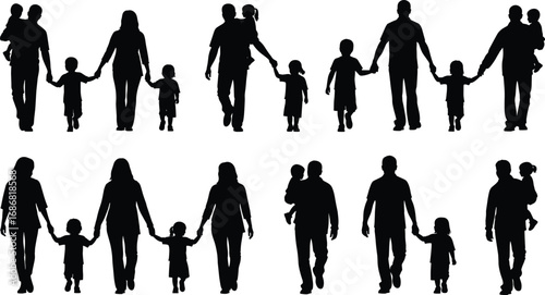 Family silhouette set featuring parents and children in various poses for diversity, parenting, love, togetherness, and social relationship design concepts