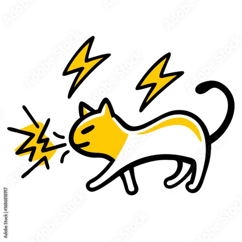 Minimilist illustration of a stylized cat with yellow and white fur surrounded by lightning bolts and sparks vector