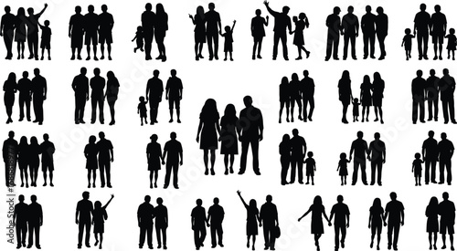 Family silhouette set showing diverse parents and children in various poses for love, unity, parenting, togetherness, and social relationship concepts
