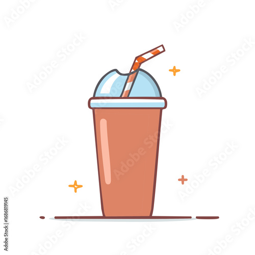 Refreshing cold drink in a transparent cup with lid and straw, vector cartoon illustration.
