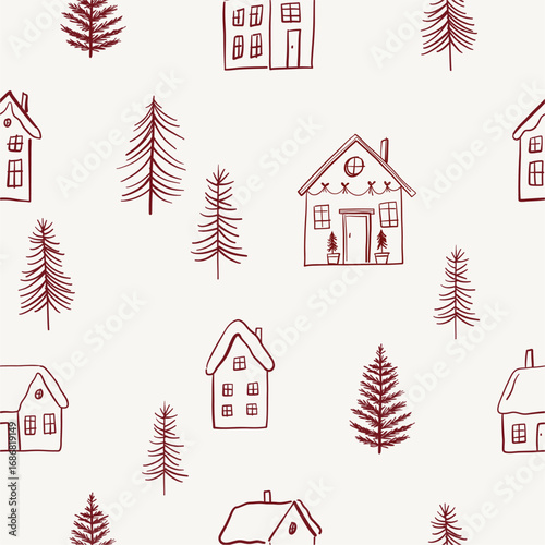 Hand-Drawn Christmas Whimsy Decor Elements. Doodle Style. Christmas Festive decoration. Winter holiday ornament, leaf, ribbon, and tree. Flat vector seamless pattern 