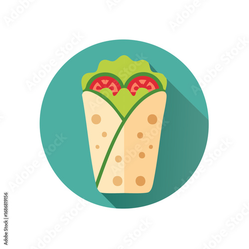 Healthy fresh food wrap icon with lettuce and tomato in a modern flat design style with long shadow