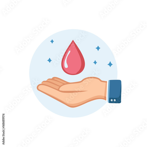 Red blood drop held by a human hand, symbolizing donation, health, life, and medical care
