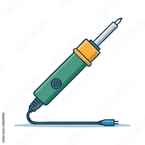 Illustrative Soldering Iron with Plug, Electronic Tool, Green Handle, Yellow Accent, Metal Tip for Crafting and Repair Work