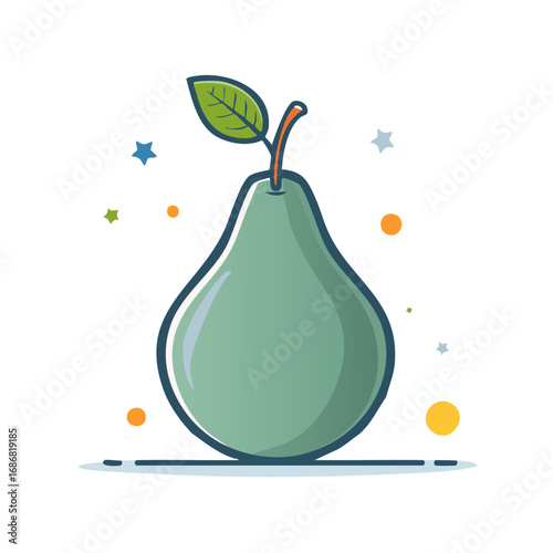 Stylized green pear fruit illustration with a leaf in a modern flat line art style with colorful accents