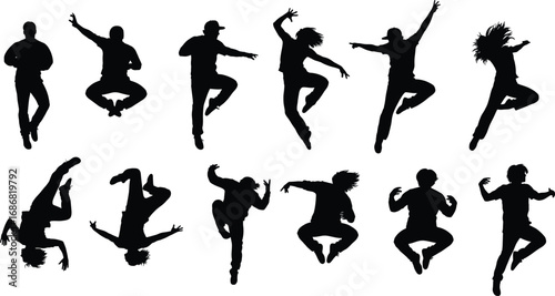 Jumping and dancing silhouette set of energetic people in various poses for performance, celebration, sports, fitness, and movement design concepts