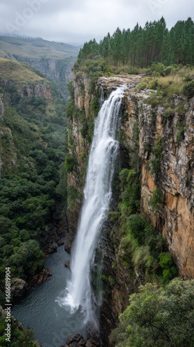 Majestic Lisbon Falls waterfall cascading down high cliff Panorama Route South Africa. beautiful, scenic nature landscape