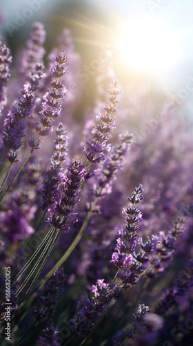 Serene close up of purple lavender flower field blooming in bright summer sun with beautiful lens flare effect