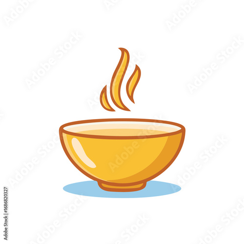 Simple cartoon illustration of a hot steaming yellow bowl of soup or beverage