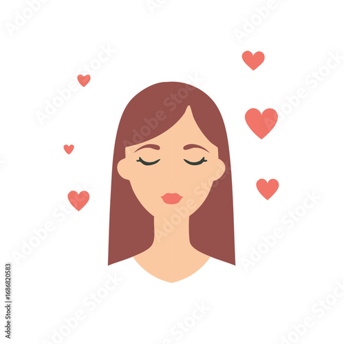 Serene woman with closed eyes surrounded by floating hearts representing love and tranquility