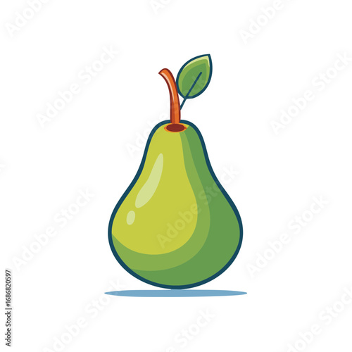 Cartoon illustration of a ripe green pear with a stem and leaf
