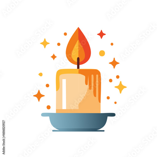 Glowing Candle with Burning Flame on Candleholder Surrounded by Stars and Dots