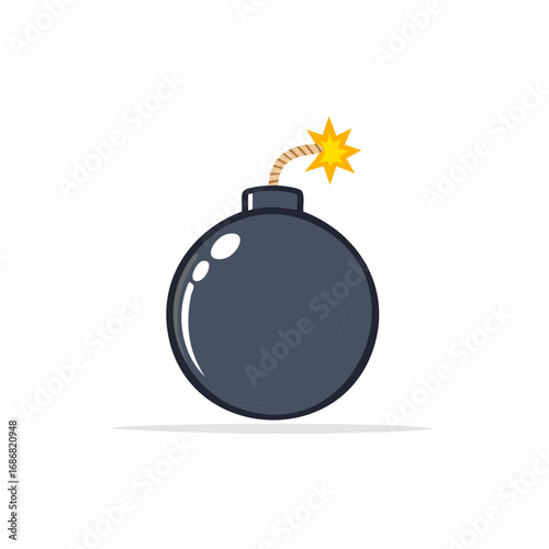 Cartoon round bomb with lit fuse and sparking yellow star explosion symbol