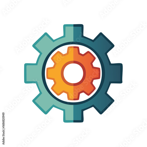 Interlocking mechanical gears with flat design and gradient colors representing teamwork and industry