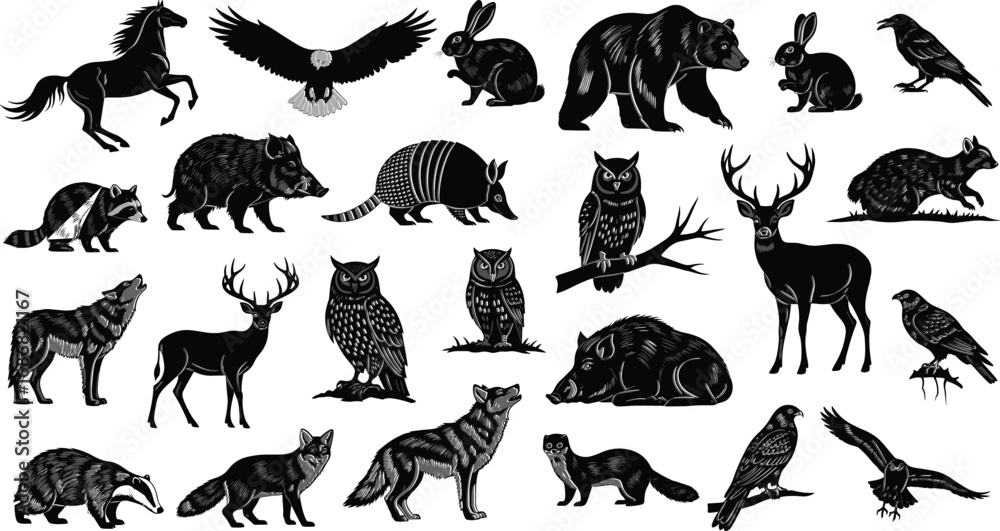 Naklejka premium North American wildlife animal silhouette set featuring diverse species for nature, forest, hunting, conservation, and outdoor adventure design concepts
