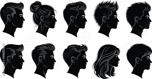 Profile silhouette collection of diverse modern hairstyles for men and women, perfect for hair fashion, beauty design, and vector illustration projects