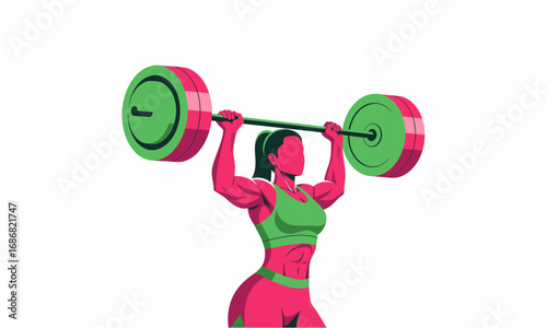 Stylized vector art of a powerful woman in pink and green lifting a heavy barbell overhead.
